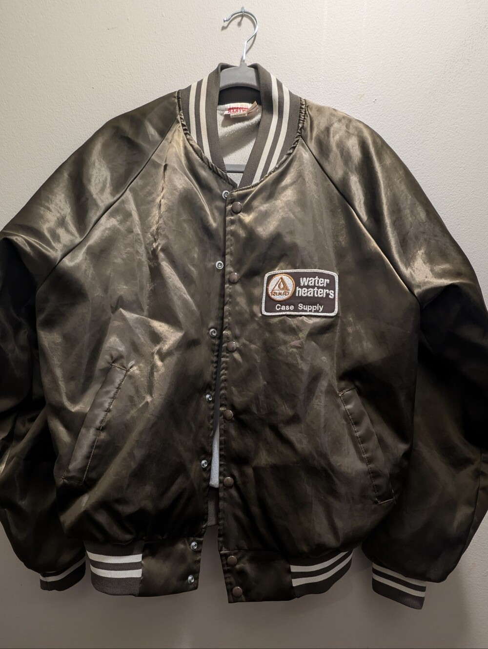 Vintage Water Heaters Case Supply Men's Brown Satin Bomber Jacket